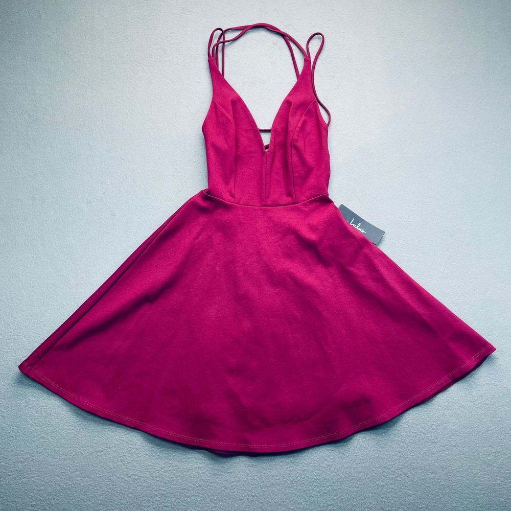 Lulus Raspberry Pink V Neck Criss Cross‎ Strap Skater Dress XS